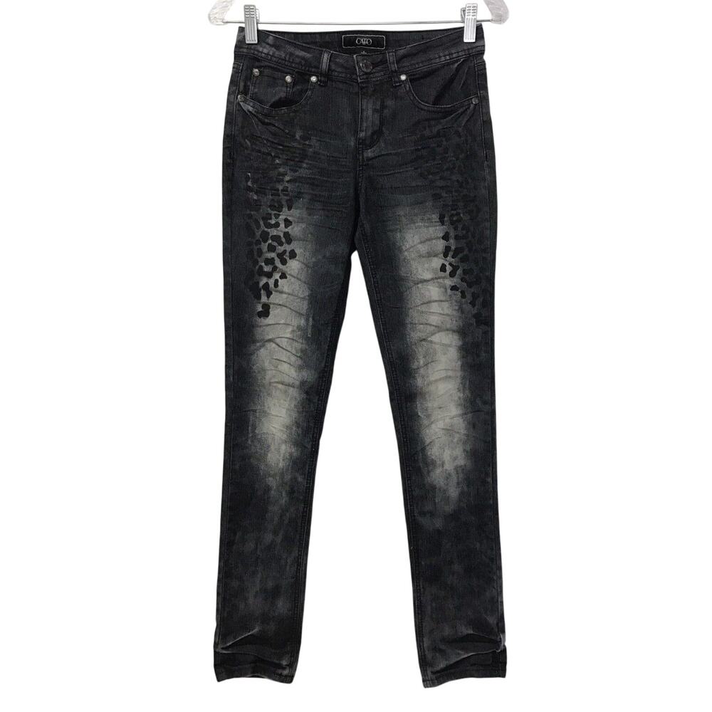 Cato Jeans Womens 4 Denim Black Sand Blasted Animal Print